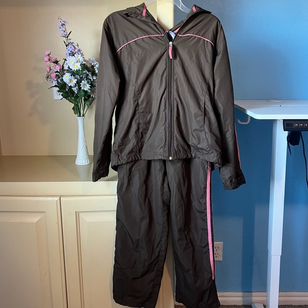Y2K Chocolate Brown Pink Stripe Track Suit Set S Windbreaker Athleisure Hip‎ Hop